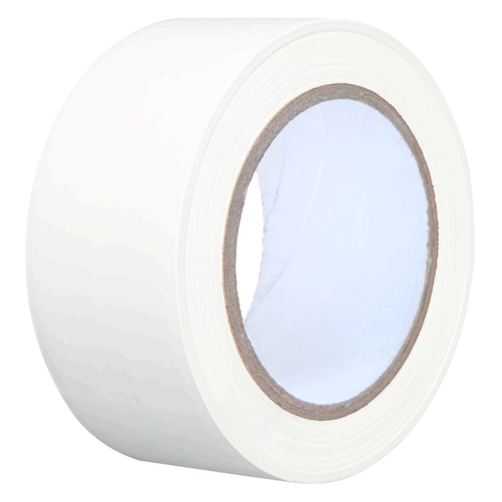 Roll of white PVC packaging tape, 48mm wide, featuring a clean solid white surface and a plain white inner core on a matching white background.