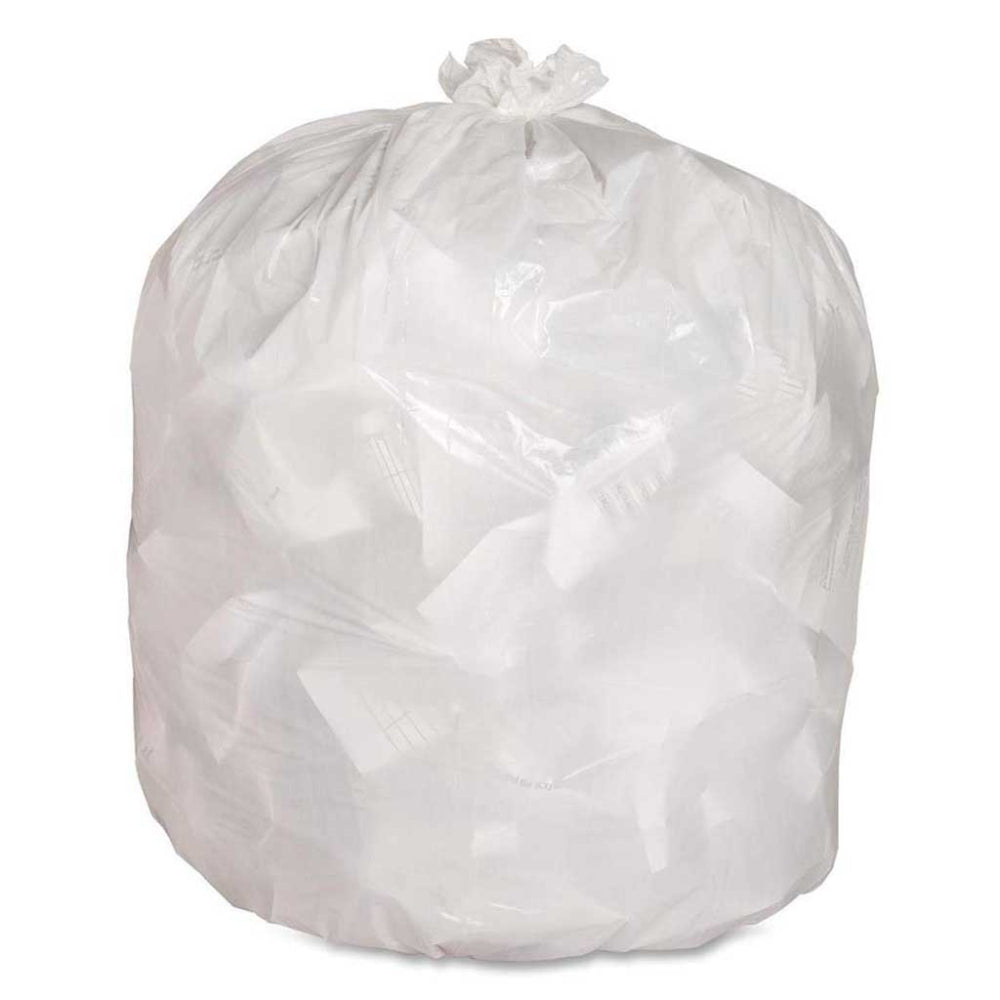 A full, tied small white regular duty garbage bag packed with office paper waste and lightweight trash items isolated on a white background