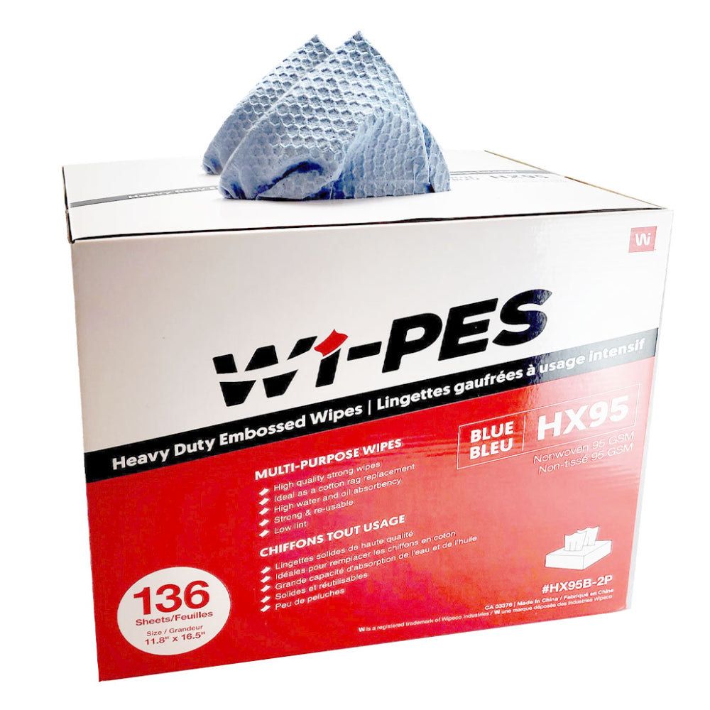 Wi-Pes HX95 blue heavy duty embossed spunlace multi-purpose wipes dispenser box, 136 sheets, 11.8in x 16.5in