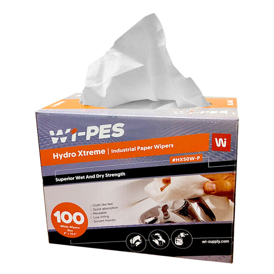 Wi-Pes Hydro Xtreme HX50W white industrial paper wipers dispenser box, 100 sheets, 9in x 16.5in