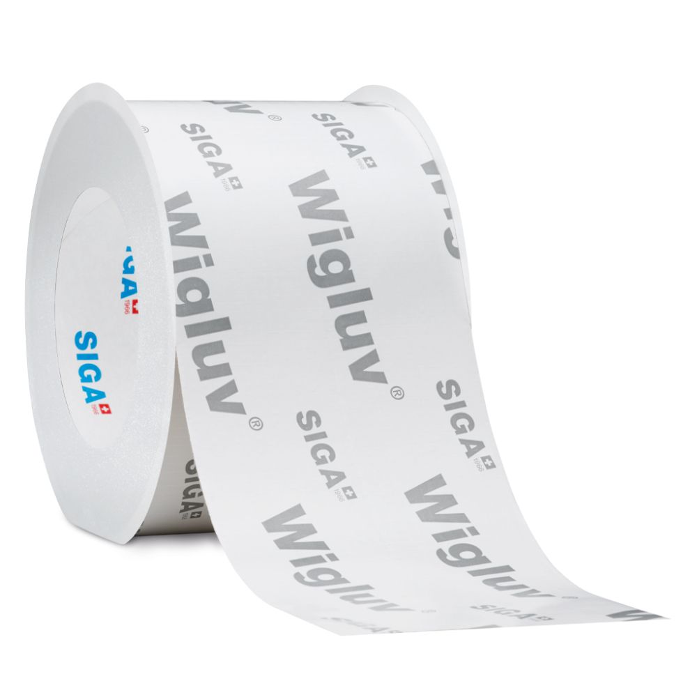 A single 100mm wide roll of Wigluv 100 window flashing tape featuring a rainproof white/grey print backing and high-performance adhesive.