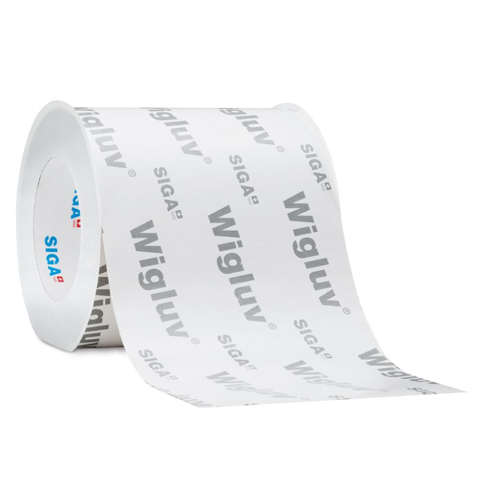 A single 150mm extra-wide roll of Wigluv 150 high-performance window flashing tape with a rainproof white/grey print surface.