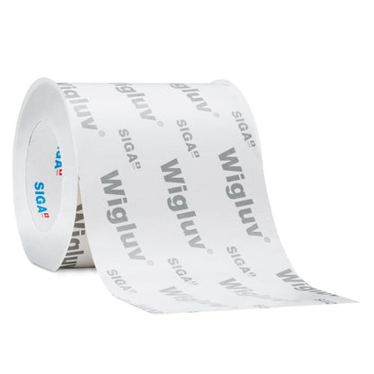 A single 150mm extra-wide roll of Wigluv 150 high-performance window flashing tape with a rainproof white/grey print surface.