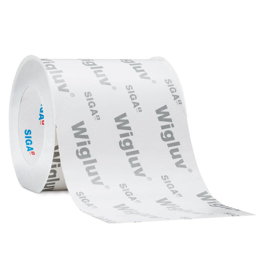 A single 150mm extra-wide roll of Wigluv 150 high-performance window flashing tape with a rainproof white/grey print surface.