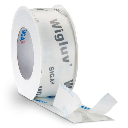 A single roll of Wigluv 20/40 window flashing tape, featuring a 20/40mm split-release liner and a rainproof white/grey printed exterior.