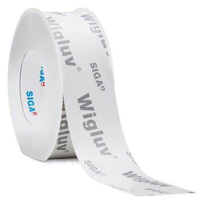 A single roll of Wigluv 60 window flashing tape, 60mm wide, featuring a white backing with grey SIGA-Wigluv branding and a high-bond adhesive layer.