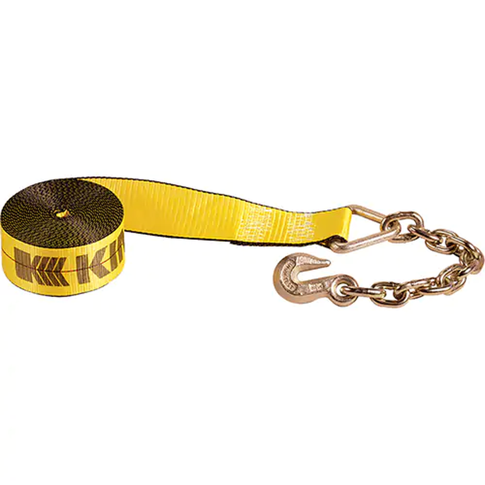 Yellow 3 inch winch strap with heavy-duty chain anchor and grab hook