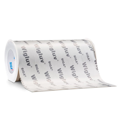 A single 300mm wide roll of Wigluv 300 high-performance flashing tape with white backing and grey SIGA branding, optimized for large-scale surface sealing.