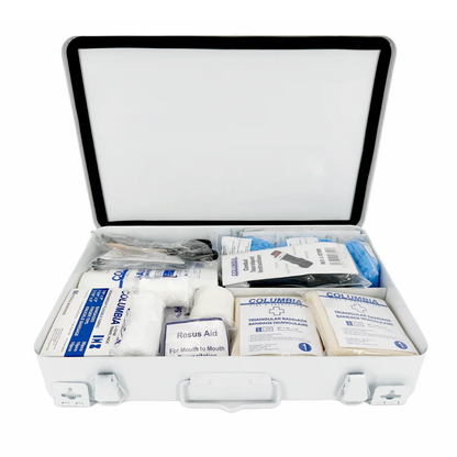 Open white metal case displaying the organized, required contents of a WorkSafeBC compliant Basic First Aid Kit, including bandages and instructions.
