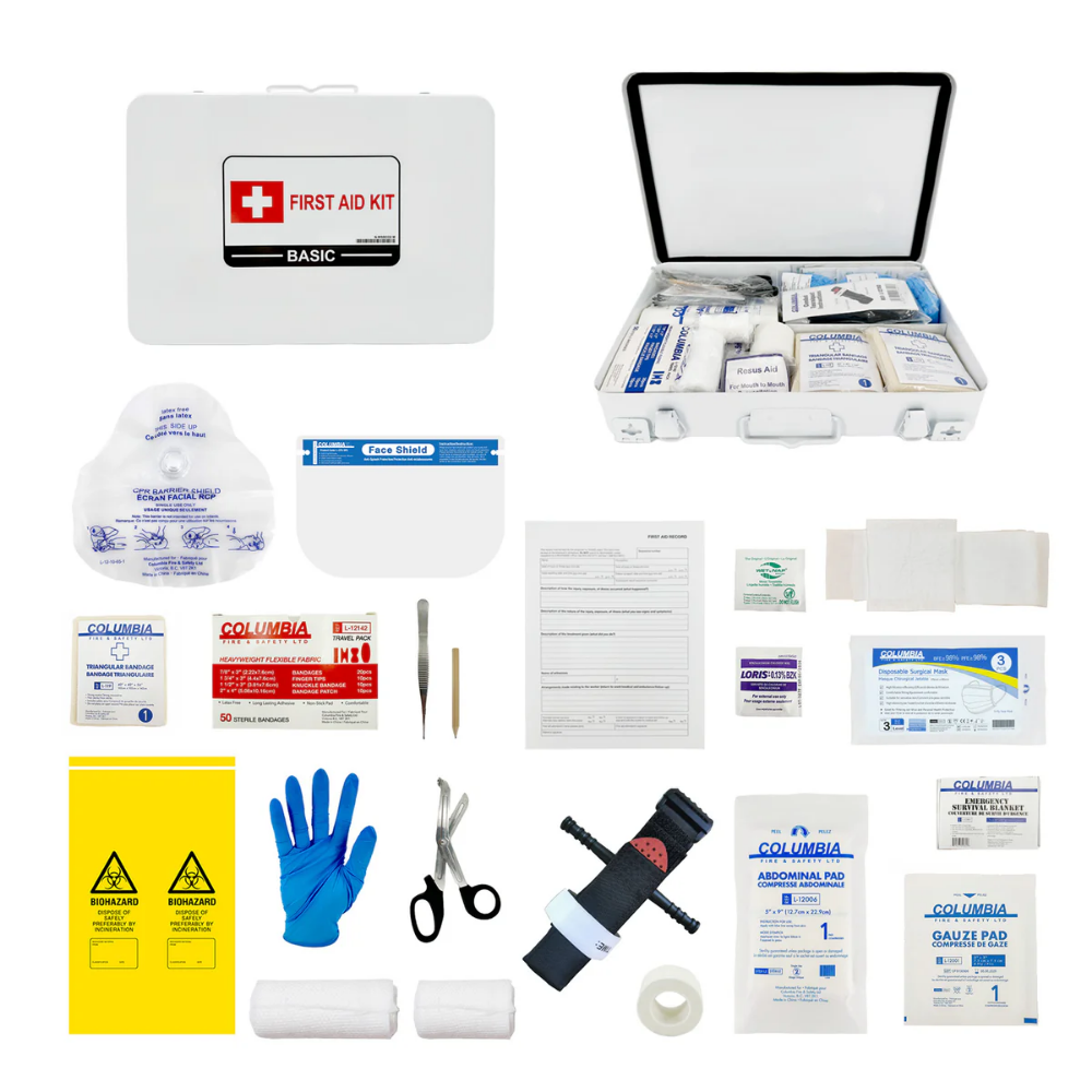 Comprehensive flat lay breakdown of all individual WorkSafeBC compliant Basic First Aid Kit components, from tourniquet to triangular bandages.