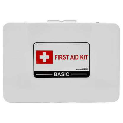 Front view of the durable white metal WorkSafeBC Basic First Aid Kit box, clearly showing the Red Cross logo and regulatory compliance text.
