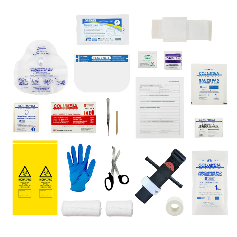 Clear front view of the WorkSafeBC Basic First Aid Kit soft-sided red bag, highlighting the Red Cross logo and critical compliance information.