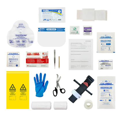 Clear front view of the WorkSafeBC Basic First Aid Kit soft-sided red bag, highlighting the Red Cross logo and critical compliance information.