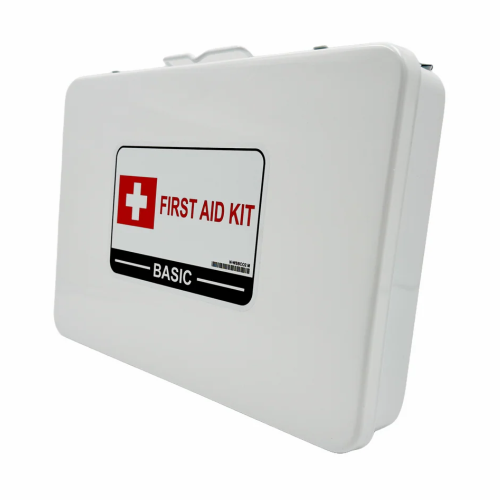 Exterior side view of the durable white metal case for the WorkSafeBC Basic First Aid Kit with the official red and black compliance label.