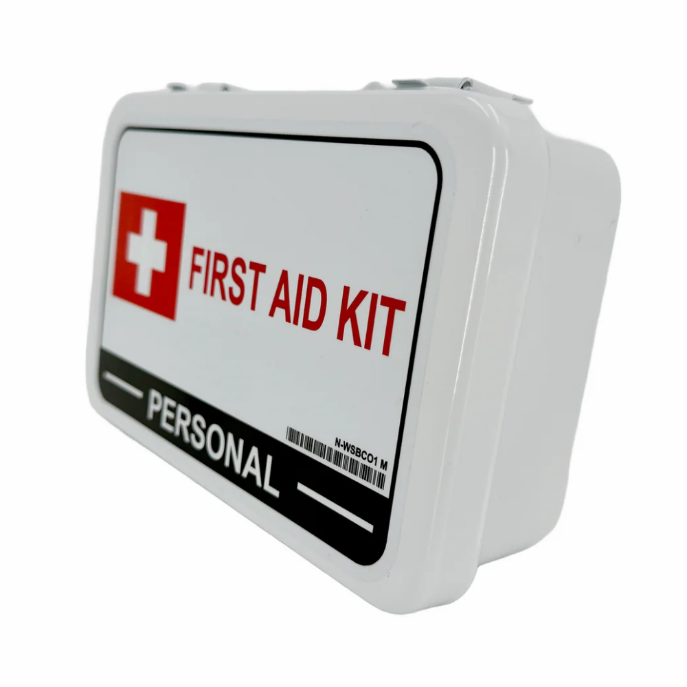 Open white metal case showcasing the organized, mandatory medical supplies required for a WorkSafeBC Personal First Aid Kit.