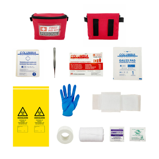 Comprehensive flat lay display of all required medical components included in the WorkSafeBC Personal First Aid Kit, including bandages and antiseptic wipes.