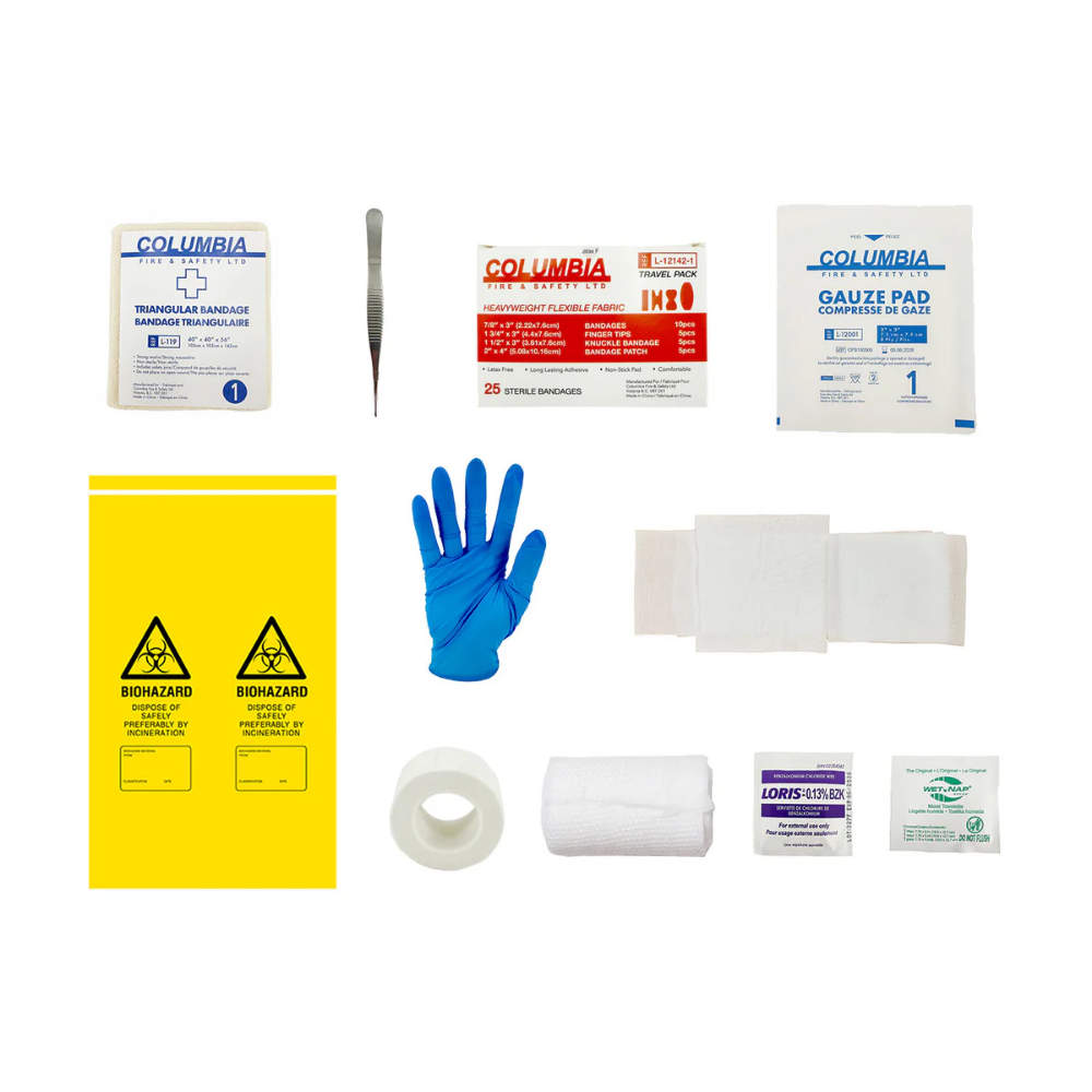 Front view of the durable white metal WorkSafeBC Personal First Aid Kit box, showing the Red Cross logo and regulatory text.