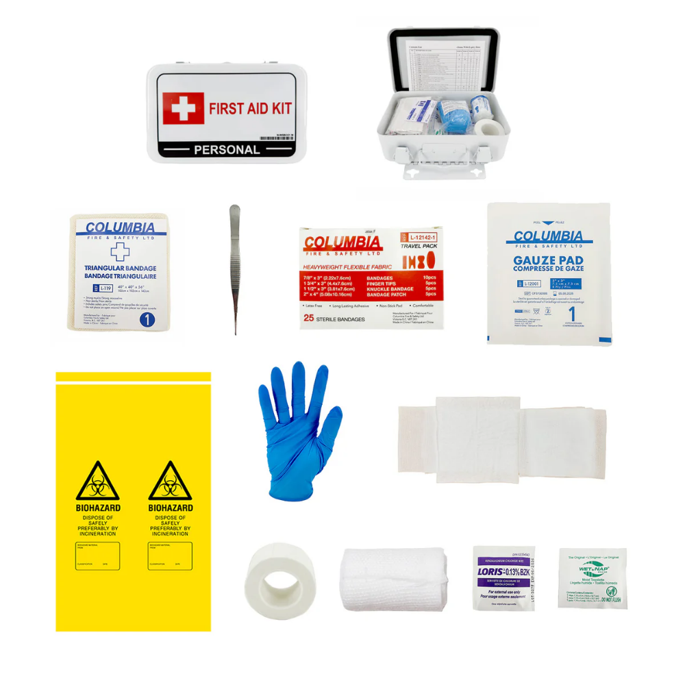 Clear front view of the red nylon WorkSafeBC Personal First Aid Kit soft bag, highlighting the Red Cross emblem and safety text.