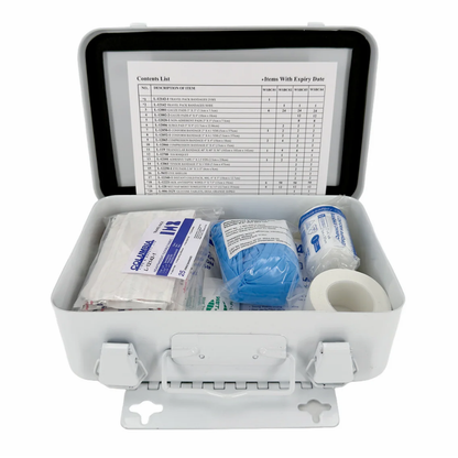 Composite product shot showing the closed metal case, open kit, and a complete flat lay breakdown of the personal first aid supplies.