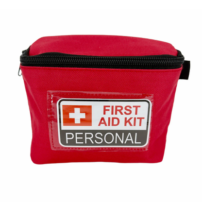 Exterior side view of the white metal case for the WorkSafeBC Personal First Aid Kit with its official compliance label.