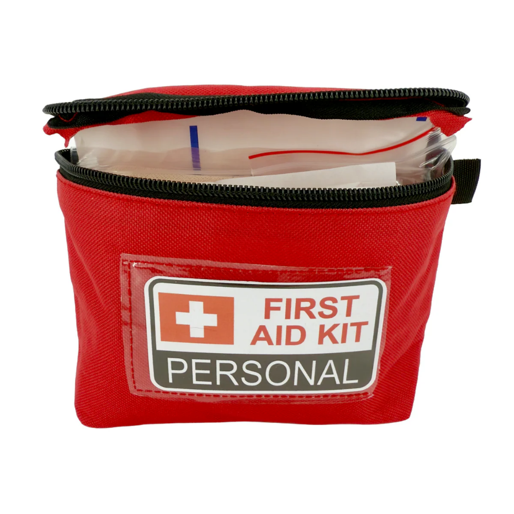 Composite product shot of the personal first aid kit featuring the closed red soft bag, open case, and an organized flat lay of its components.