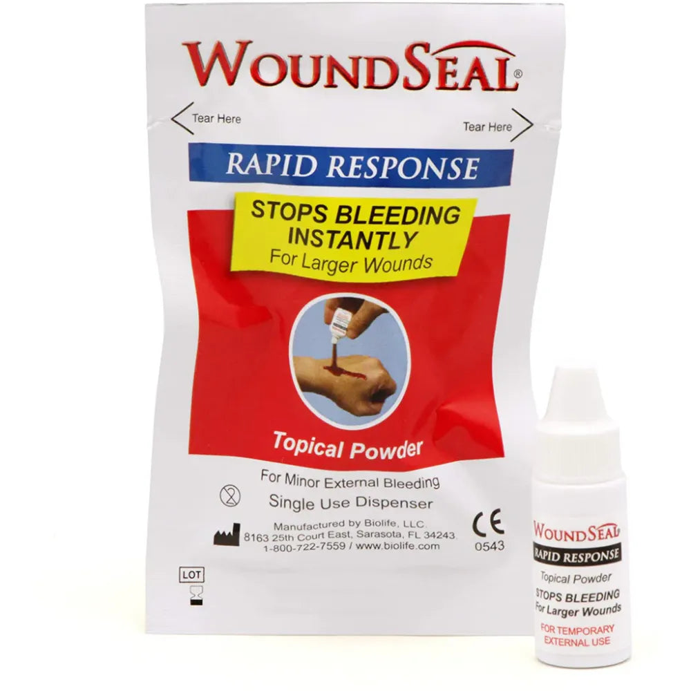 WoundSeal Rapid Response topical powder pack and dispenser for stopping bleeding instantly.