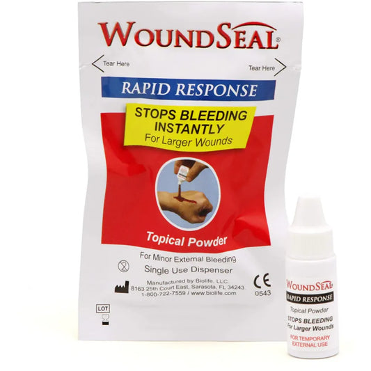 WoundSeal Rapid Response topical powder pack and dispenser for stopping bleeding instantly.