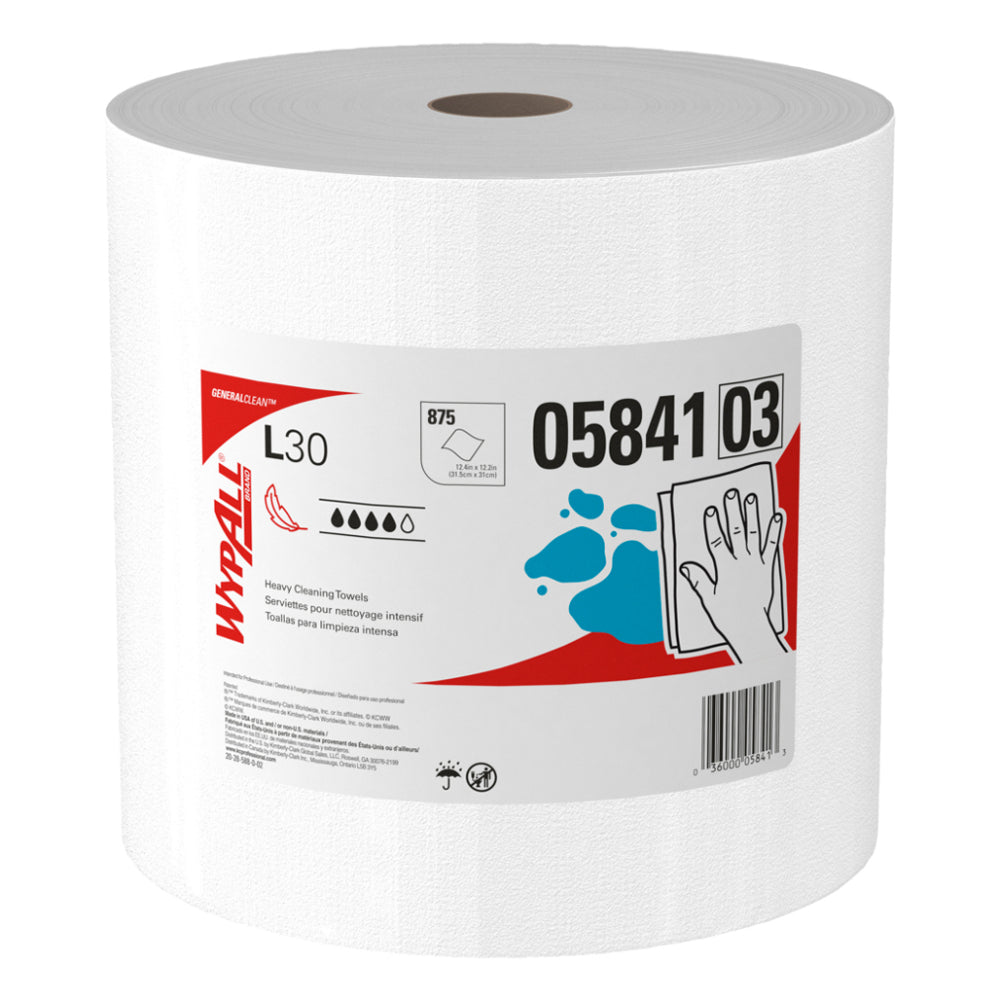 A large white WypAll Brand GeneralClean L30 jumbo roll of heavy cleaning towels showing the manufacturer product label 05841 03 isolated on a white background