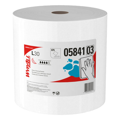 A large white WypAll Brand GeneralClean L30 jumbo roll of heavy cleaning towels showing the manufacturer product label 05841 03 isolated on a white background