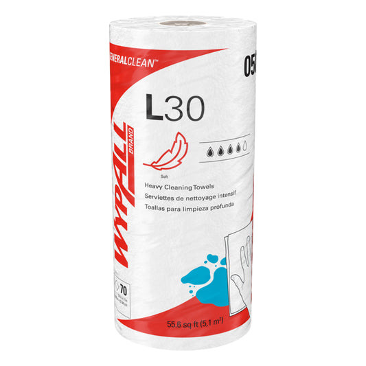 A single small roll of white WypAll Brand GeneralClean L30 Heavy Cleaning Towels containing 70 sheets isolated on a white background