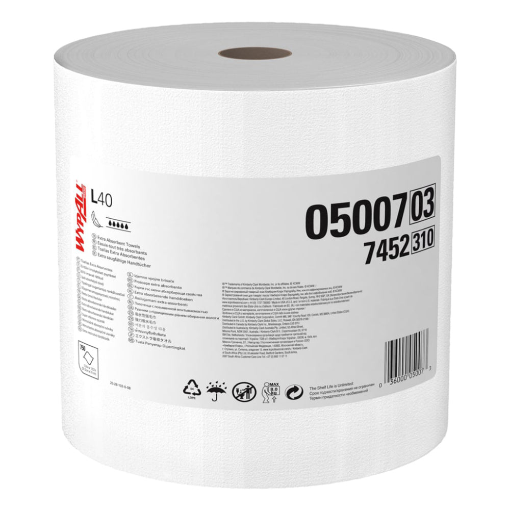A large white WypAll Brand GeneralClean L40 jumbo roll of extra absorbent towels showing the manufacturer product label 05007 03 and 7452 310 isolated on a white background