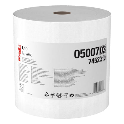 A large white WypAll Brand GeneralClean L40 jumbo roll of extra absorbent towels showing the manufacturer product label 05007 03 and 7452 310 isolated on a white background