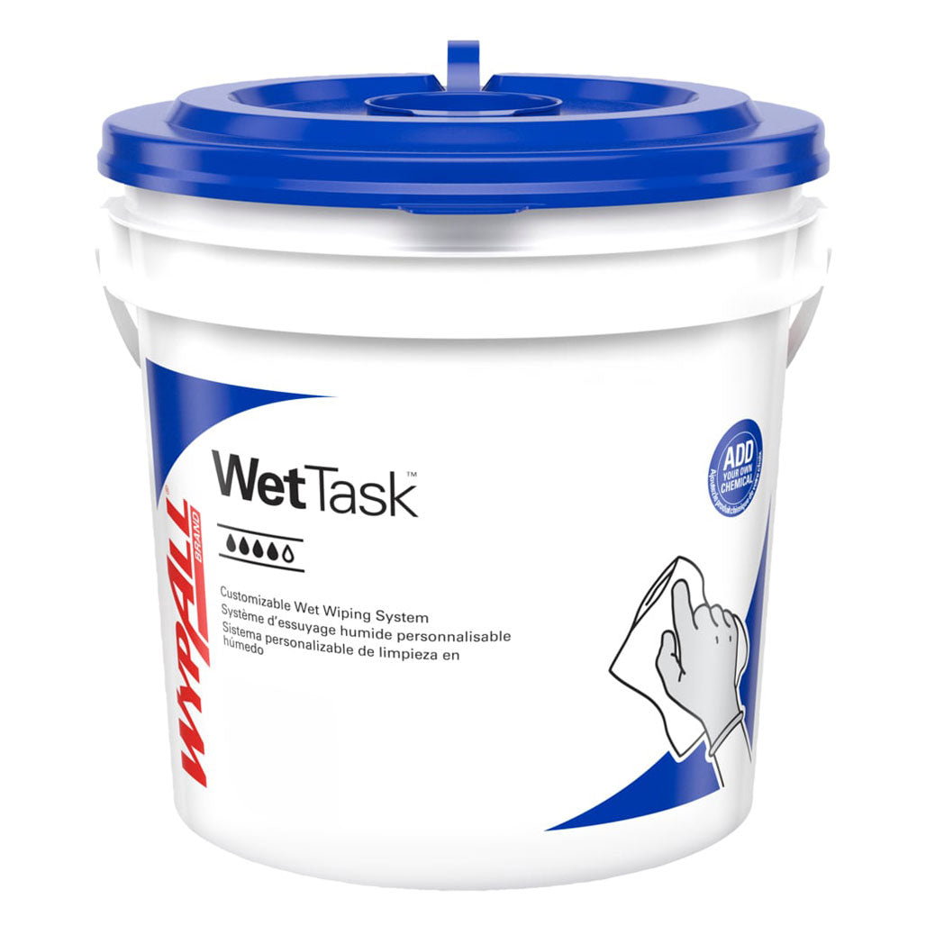 A single white WypAll Brand WetTask Customizable Wet Wiping System bucket dispenser with a blue secure-latching lid isolated on a white background