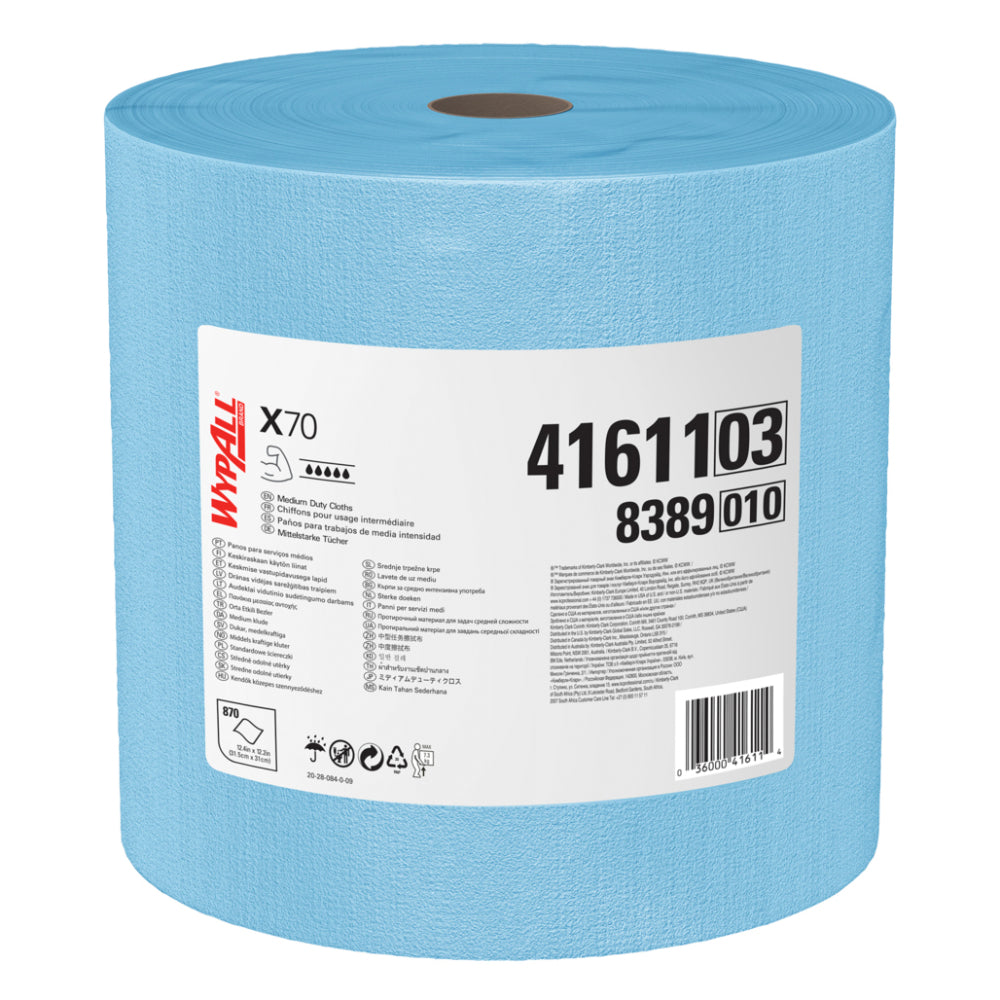 A large blue WypAll Brand X70 jumbo roll of medium-duty cleaning cloths showing product code 41611 03 and 8389 010 isolated on a white background