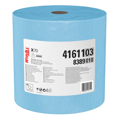 A large blue WypAll Brand X70 jumbo roll of medium-duty cleaning cloths showing product code 41611 03 and 8389 010 isolated on a white background