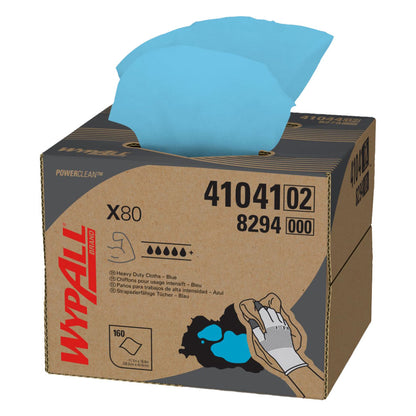 A cardboard BRAG Box dispenser of blue WypAll Brand PowerClean X80 heavy duty cloths showing manufacturer product codes 41041 02 and 8294 000 with a 160 sheet capacity isolated on a white background