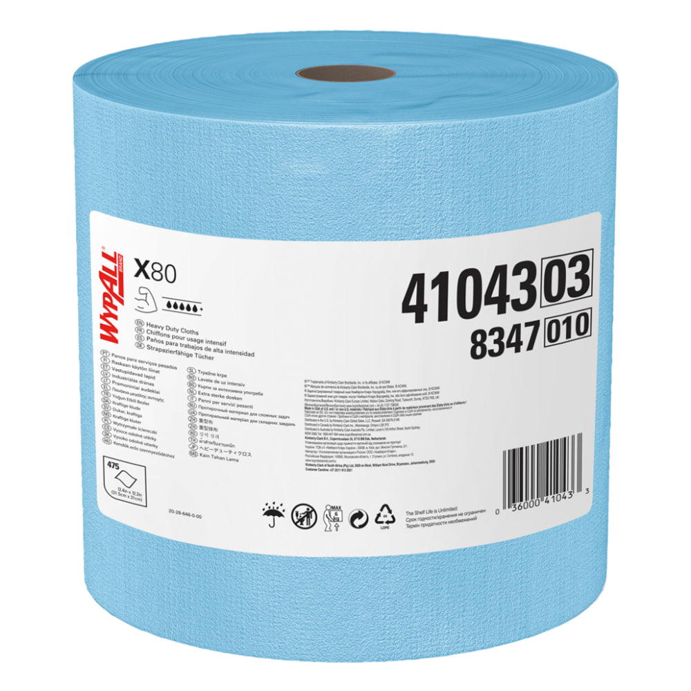 A large blue WypAll Brand X80 jumbo roll of heavy-duty cleaning cloths showing the manufacturer product label 41043 03 and 8347 010 isolated on a white background