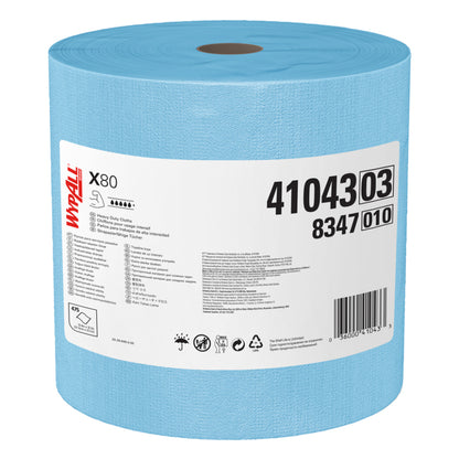 A large blue WypAll Brand X80 jumbo roll of heavy-duty cleaning cloths showing the manufacturer product label 41043 03 and 8347 010 isolated on a white background