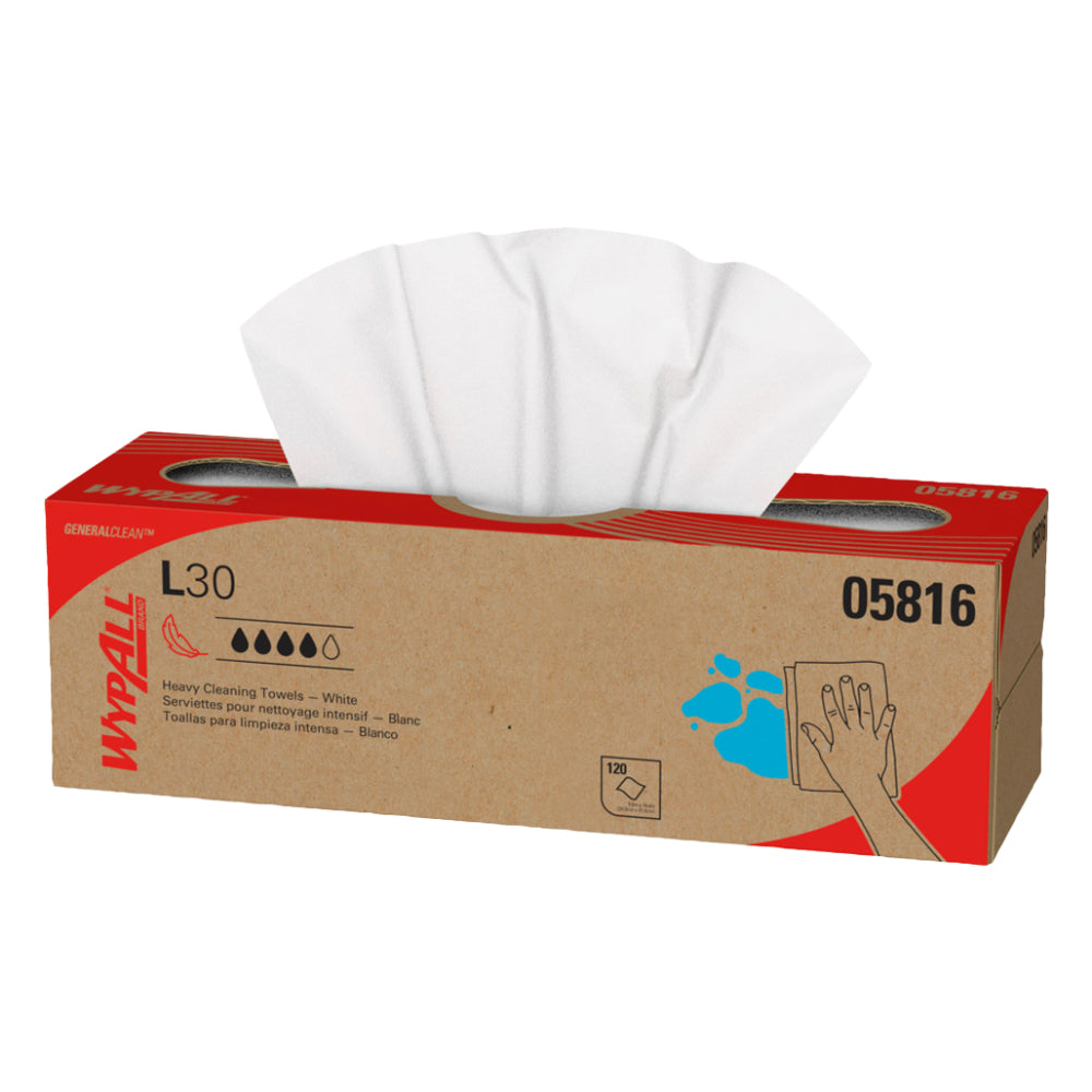WypAll GeneralClean L30 white heavy cleaning towels dispenser box, 120 towels, SKU 05816