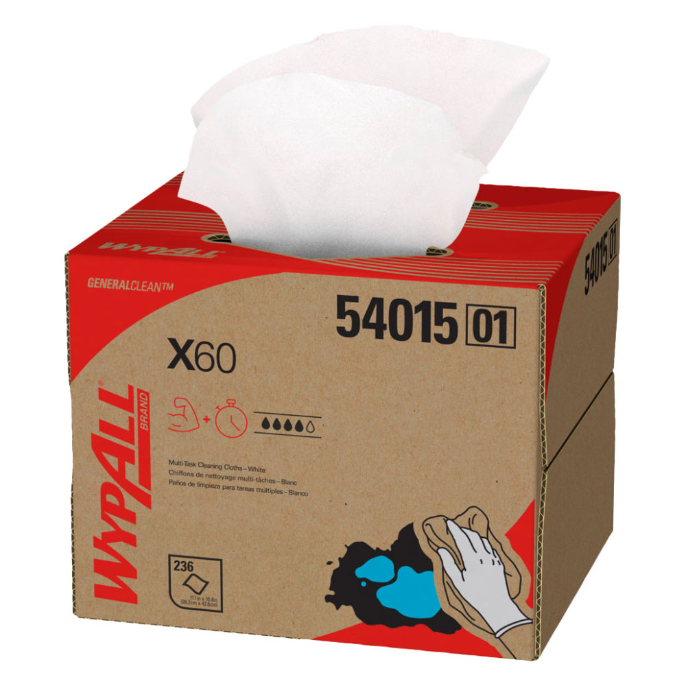 WypAll GeneralClean X60 white multi-task cleaning cloths brag box, 236 sheets, 11.1in x 16.8in, SKU 54015