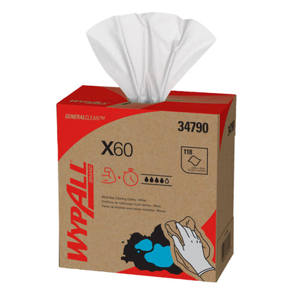 WypAll GeneralClean X60 white multi-task cleaning cloths pop-up box, 118 sheets, 8.34in x 16.8in, SKU 34790