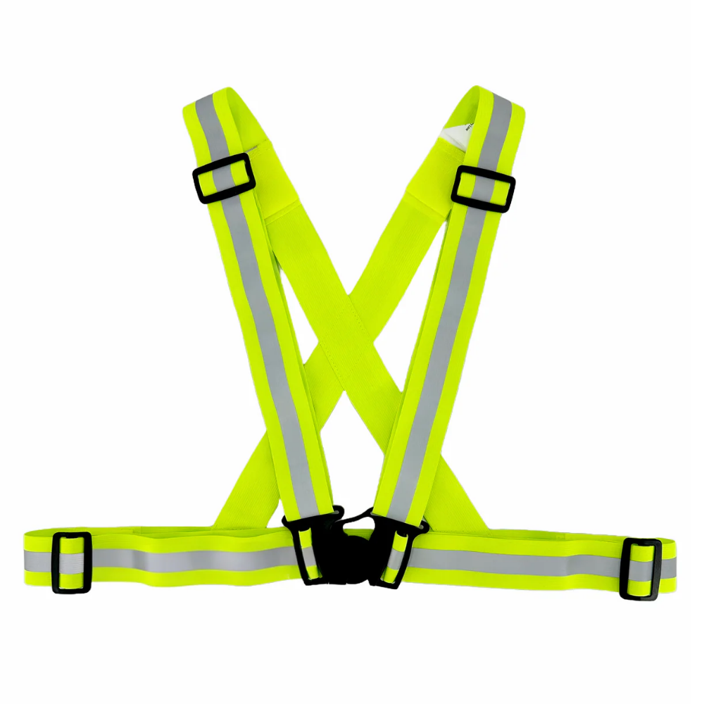 Yellow hi-vis reflective sash belt ETV158 in packaging with grey reflective stripe
