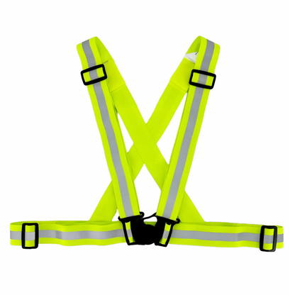Yellow hi-vis reflective sash belt ETV158 in packaging with grey reflective stripe
