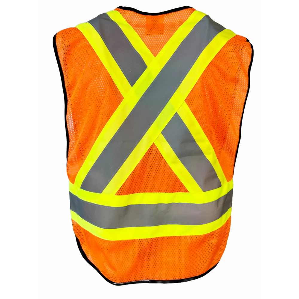  Yellow hi-vis traffic safety vest front with orange reflective bands and chest pockets