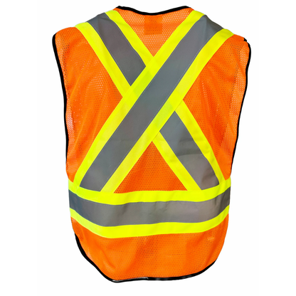  Yellow hi-vis traffic safety vest front with orange reflective bands and chest pockets