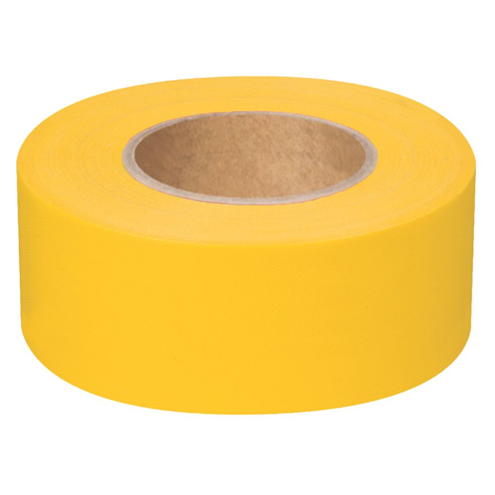 A single roll of high-visibility solid yellow non-adhesive flagging tape on a clean white background