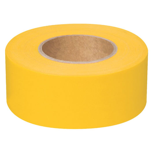 A single roll of high-visibility solid yellow non-adhesive flagging tape on a clean white background