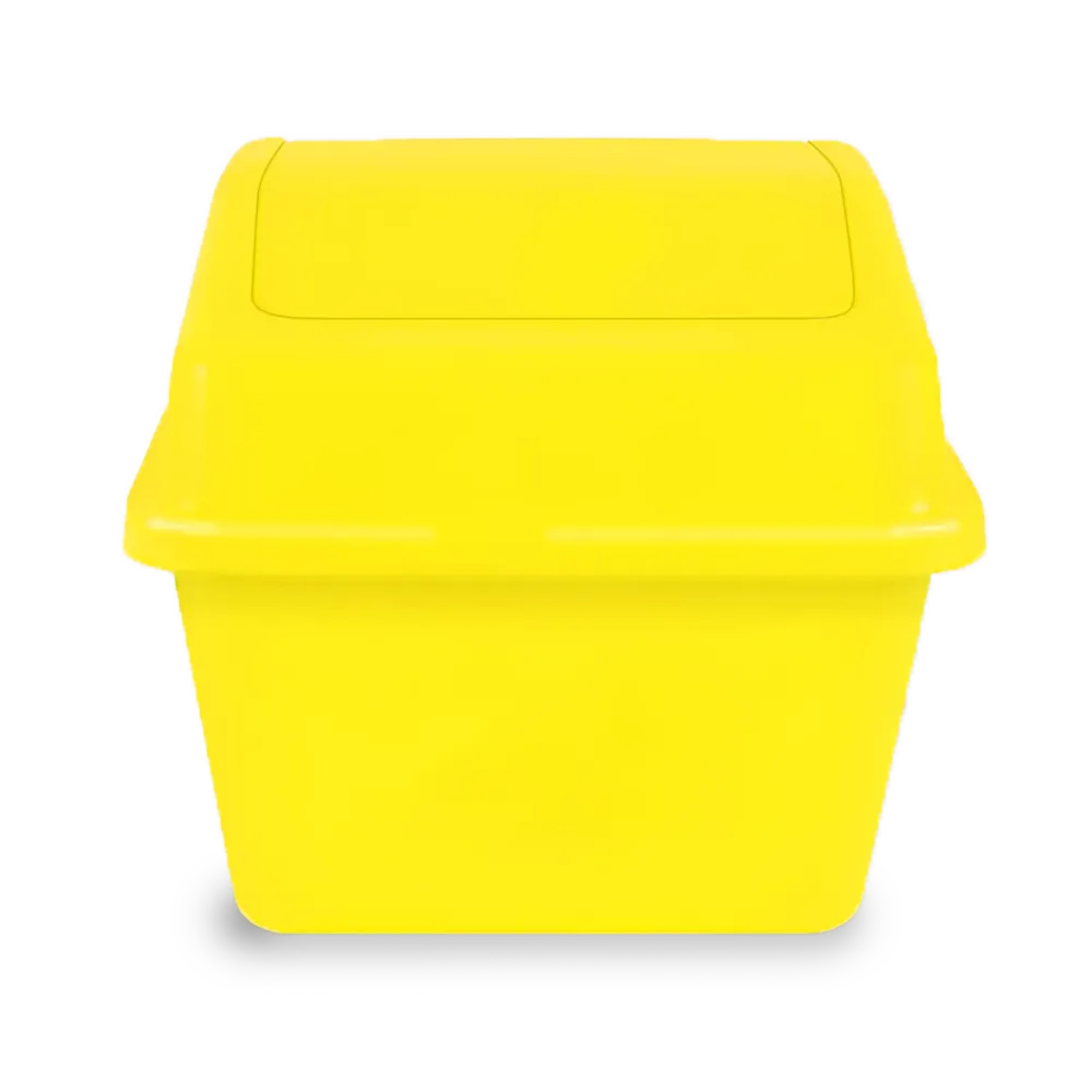 Yellow heavy-duty plastic garbage bin with flip-top lid for waste disposal