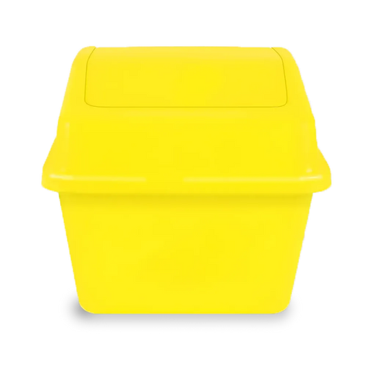 Yellow heavy-duty plastic garbage bin with flip-top lid for waste disposal