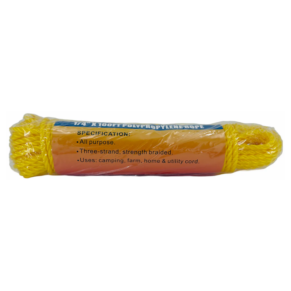 Yellow Polypropylene Rope 1/4" x 100ft Three Strand Braided for Camping Farm and Home